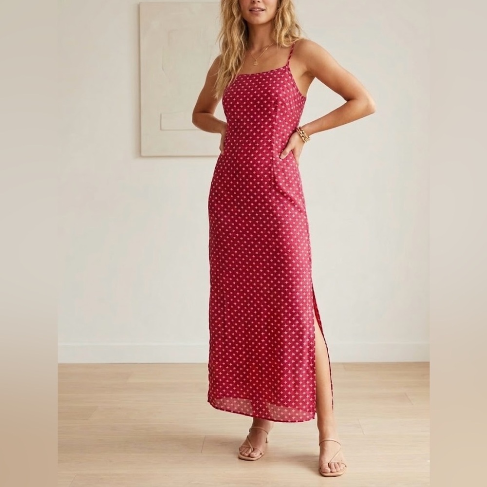 Red Polka Dot Maxi Dress with Side Slit